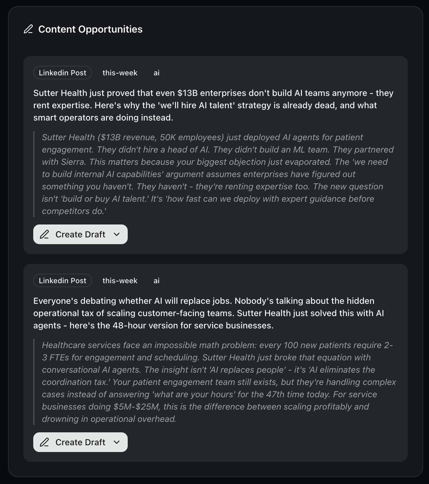 Bridge Content Opportunities — AI-generated post ideas from market intelligence