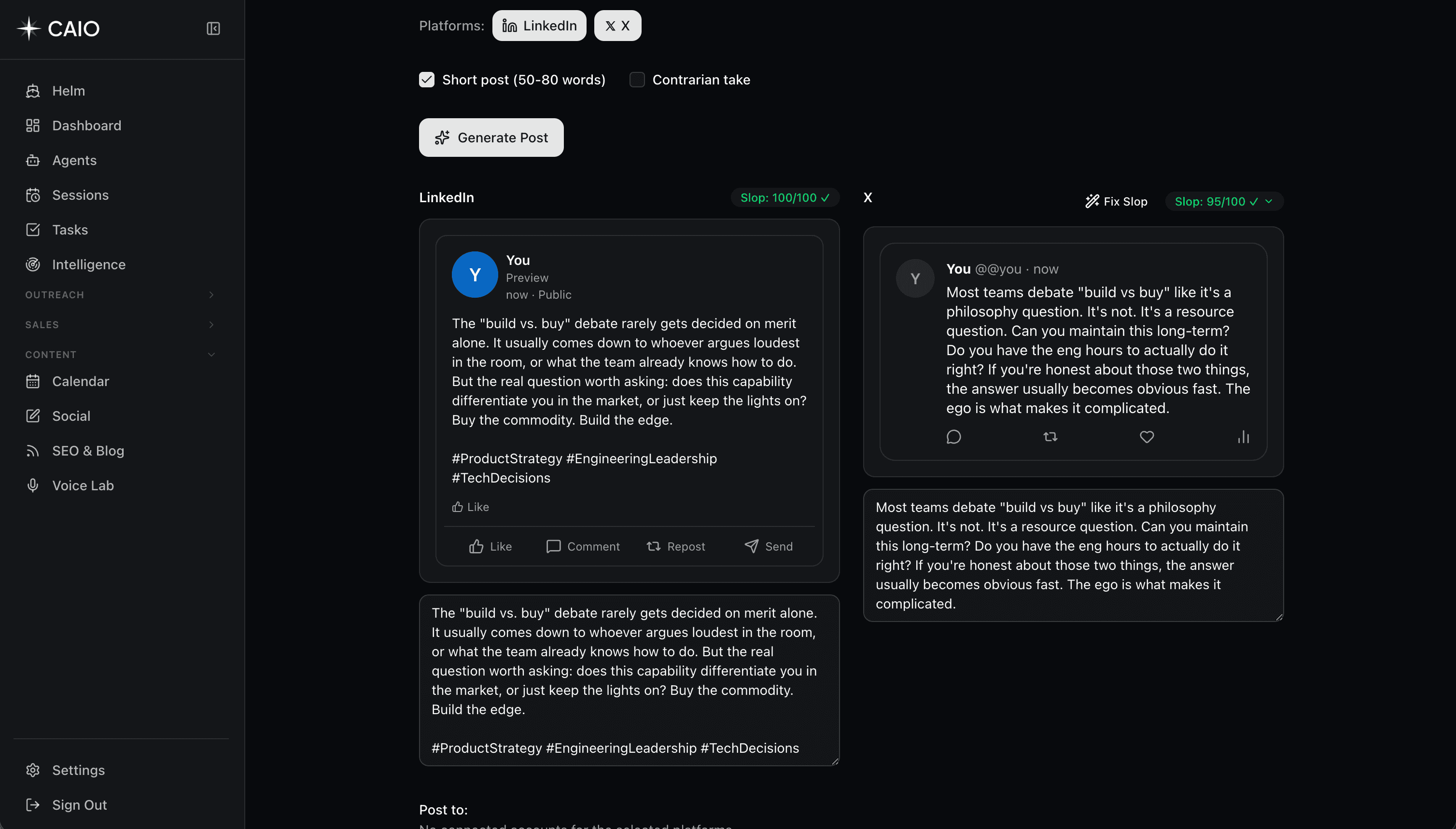 Bridge Content Engine — LinkedIn and X post creation with anti-slop scoring